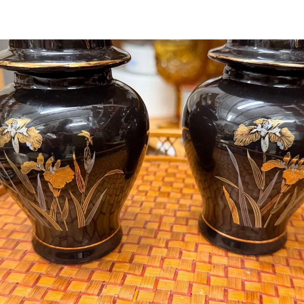 Vintage Pair Black Porcelain Ginger Jars Gold Silver Iris Butterfly Japan 6in